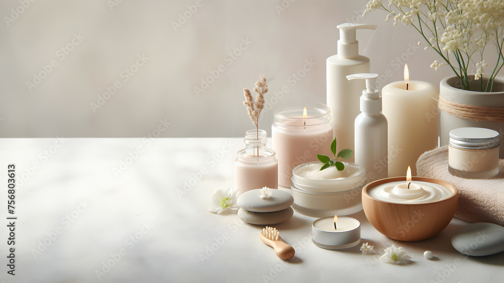 Beautiful composition with spa stones, bath towels on white marble table. Background with copy space Beautiful composition with spa stones, bath towels on white marble table. Background with copy space