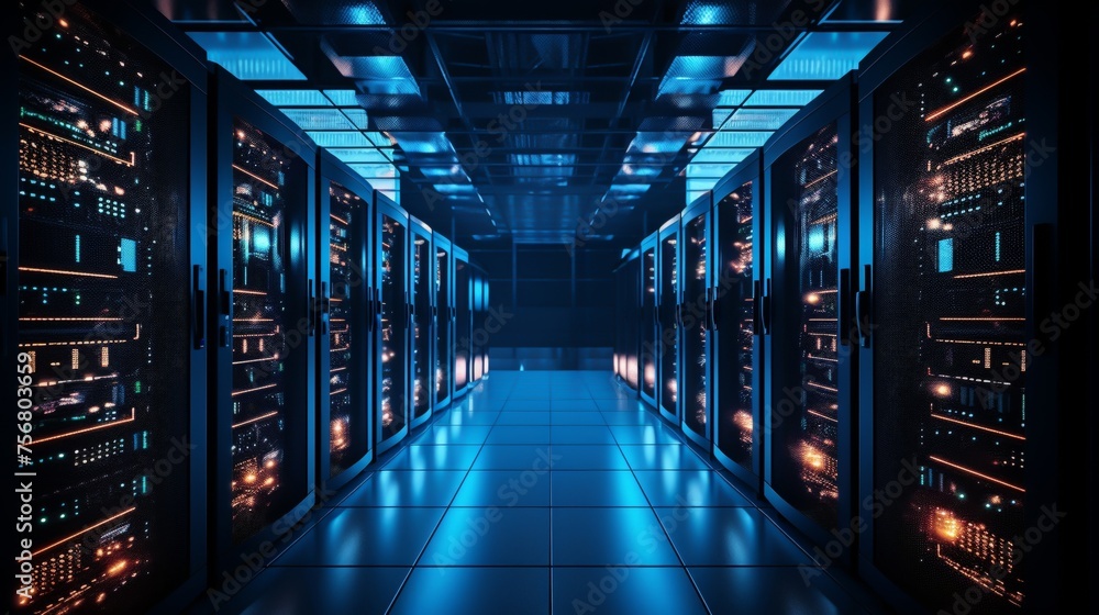 A photorealistic image of a server rack in a dimly lit data center with LED lights flickering across various server units. The focus is on the intricate details of the server hardware - obrazy, fototapety, plakaty 