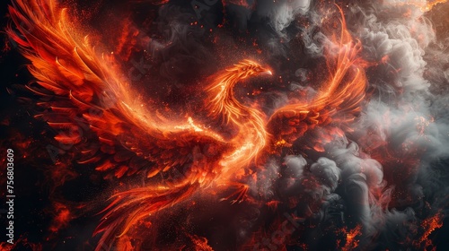 Majestic flaming phoenix firebird in sparkling flames against dark fiery background