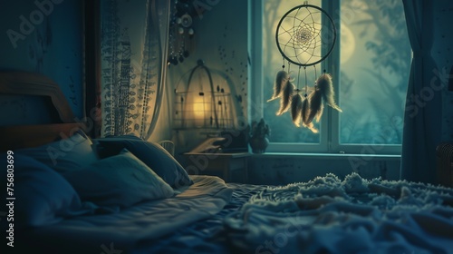 A tranquil bedroom bathed in soft moonlight with a dreamcatcher gently swaying photo