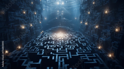 a labyrinth made of towering walls formed by thousands of puzzle pieces with a path leading to the center where a glowing piece awaits placement. This represents the journey of understanding ones own 