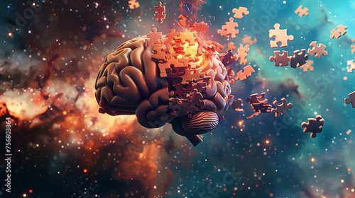 An immersive 3D visualization of a puzzle brain being assembled in mid-air with pieces floating and coming together in a seamless animation. The background is a cosmic vista