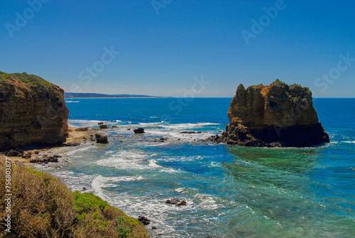 Beautiful view of the ocean and a eroding limestone rock formation on the south coast of Victoria, Australia.