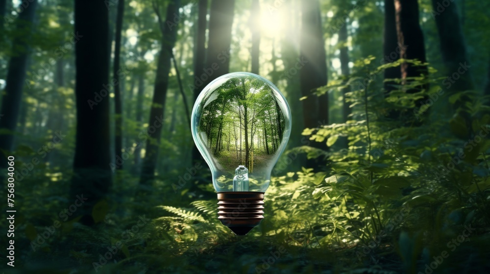 Eco-friendly lightbulb glowing in a green forest symbolizing sustainability and environmental friendliness - obrazy, fototapety, plakaty 