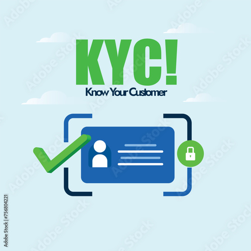 KYC. Know your Customer awareness banner with customer identification symbol, icon with check mark sign in green colour. KYC vector icon and importance banner to ensure customer, client safety. 