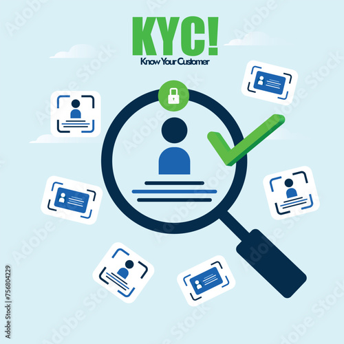 Know you customer, KYC banner. KYC awareness banner with profile identification icon and magnifying glass on it. KYC banner to promote customer identification and verification icons. Vector stock photo