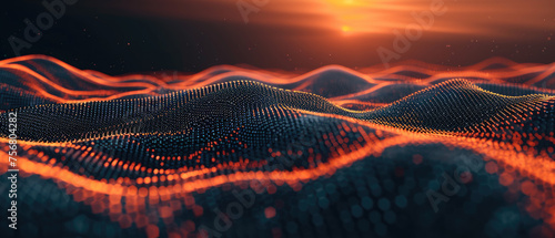 Cyberspace landscape at sunset  abstract technology background  wavy digital space with dots and light. Concept of network  cyber data  future  secure tech