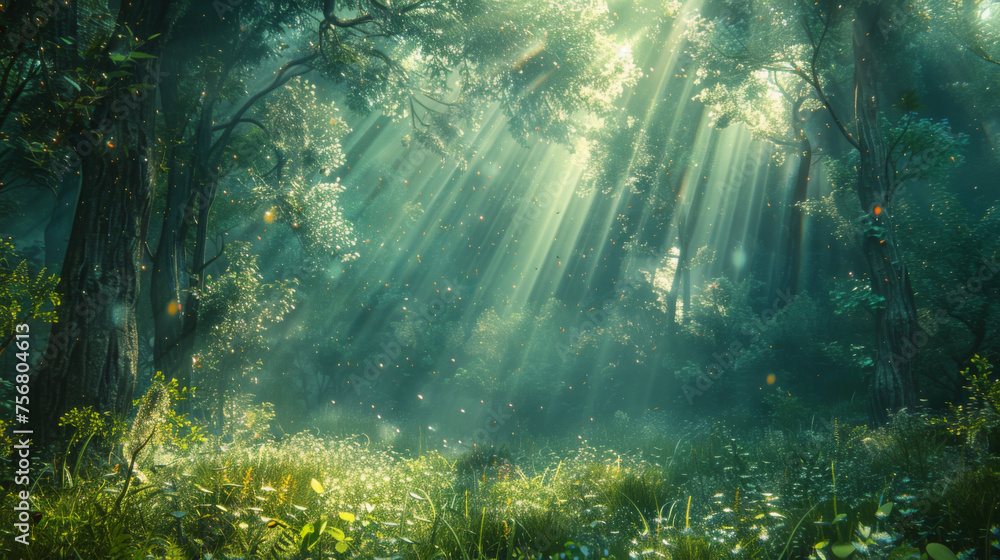 Enchanting view of a mystical forest with sunbeams streaming through the trees and glowing particles in the air.