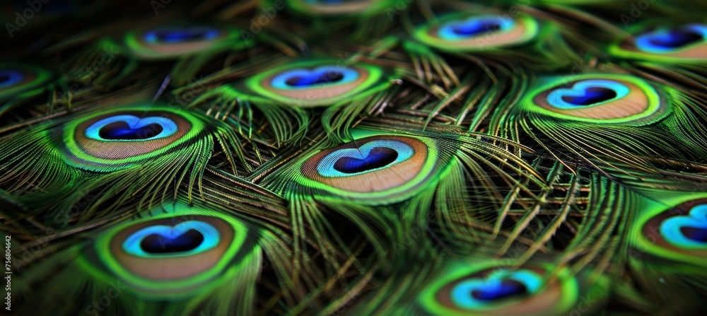 Obraz premium Close up photography showcasing colorful peacock feathers as a captivating background