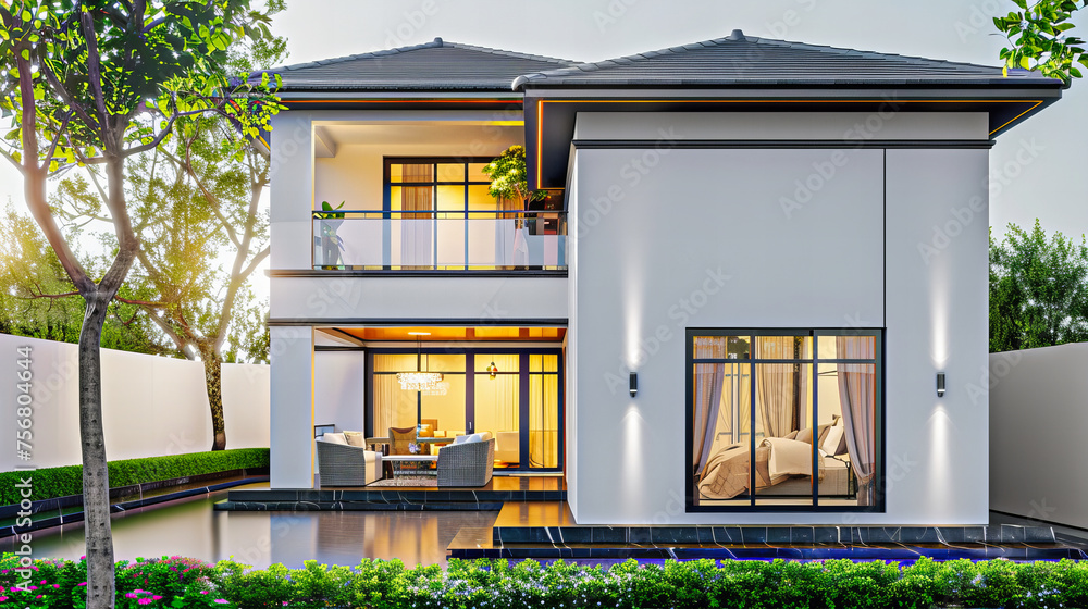 Luxurious Modern Home Exterior with Beautiful Garden and Elegant Architecture Luxurious Modern Home Exterior with Beautiful Garden and Elegant Architecture