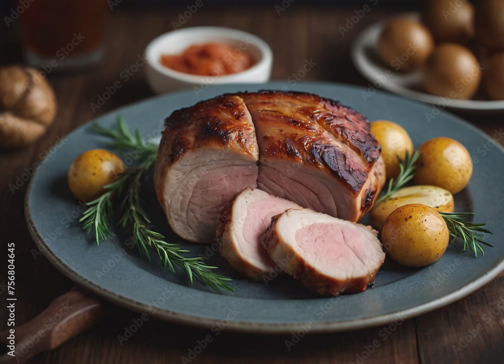 Roasted pork tenderloin, juicy and succulent oven-baked piece of meat rubbed with spices: rosemary, bay leaf, lime juice, and pepper on a plate background, close-up, side view Roasted pork tenderloin, juicy and succulent oven-baked piece of meat rubbed with spices: rosemary, bay leaf, lime juice, and pepper on a plate background, close-up, side view