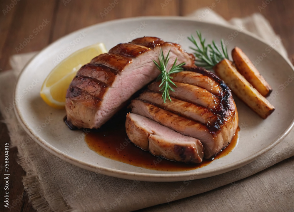 Roasted pork tenderloin, juicy and succulent oven-baked piece of meat rubbed with spices: rosemary, bay leaf, lime juice, and pepper on a plate background, close-up, side view Roasted pork tenderloin, juicy and succulent oven-baked piece of meat rubbed with spices: rosemary, bay leaf, lime juice, and pepper on a plate background, close-up, side view