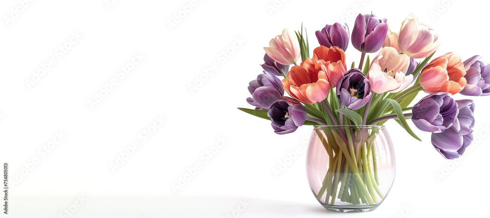 Fototapeta premium colorful tulips in glass vase on white background