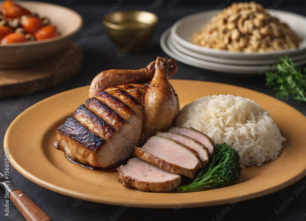 Baked whole chicken with vegetables and rice close-up on a plate on a table. Horizontal side view Baked whole chicken with vegetables and rice close-up on a plate on a table. Horizontal side view