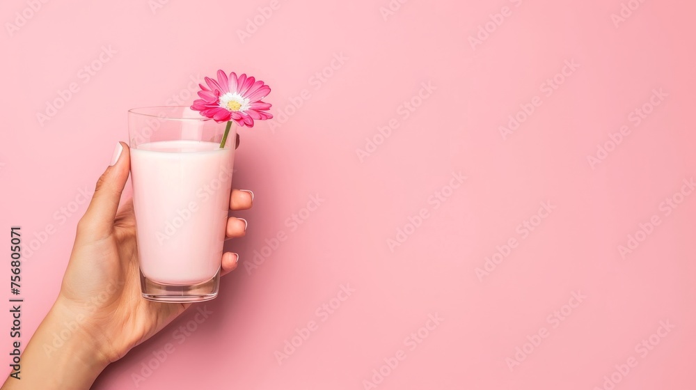 Hand holding milk glass on pastel background with ample space for text placement Hand holding milk glass on pastel background with ample space for text placement