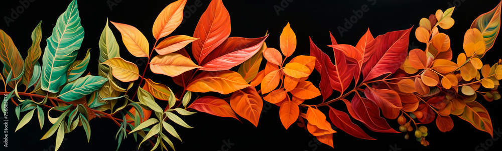 Different plants multicolored leaves isolated on black background icons illustration set tree branch