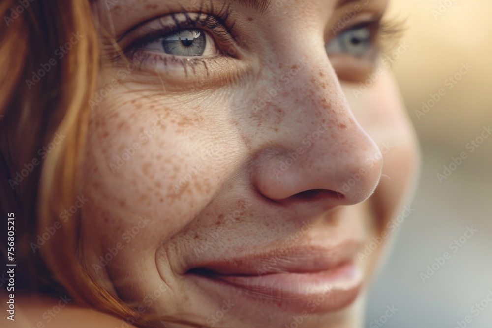 Detailed close-up highlighting a young woman's smiling freckled face with a warm, soft focus background Detailed close-up highlighting a young woman's smiling freckled face with a warm, soft focus background