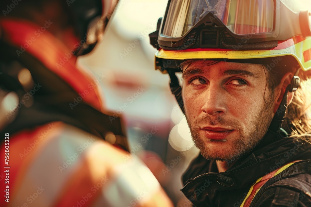 A portrait of a male firefighter wearing a helmet and a reflective visor, with a serious, focused expression A portrait of a male firefighter wearing a helmet and a reflective visor, with a serious, focused expression