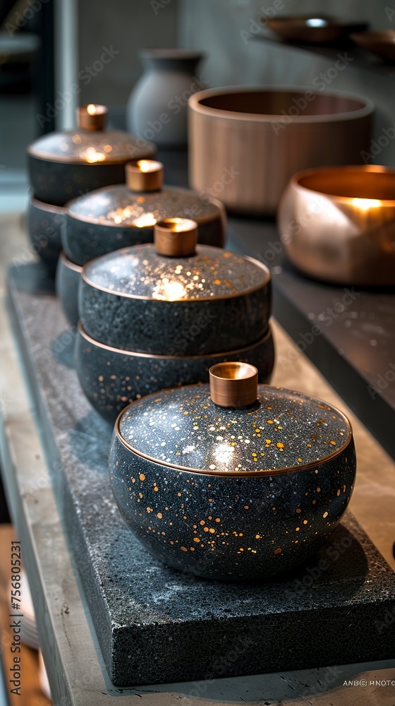 An exclusive and unique non-toxic cookware set made from titanium and stone. Expensive futuristic luxury set of pans with gold handle. An exclusive and unique non-toxic cookware set made from titanium and stone. Expensive futuristic luxury set of pans with gold handle.