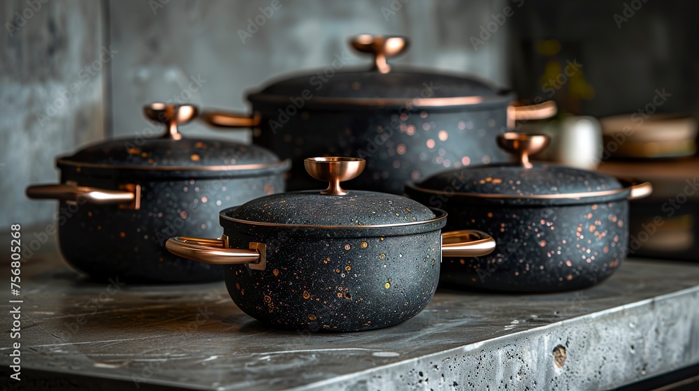 An exclusive and unique non-toxic cookware set made from titanium and stone. Expensive futuristic luxury set of pans with gold handle. An exclusive and unique non-toxic cookware set made from titanium and stone. Expensive futuristic luxury set of pans with gold handle.