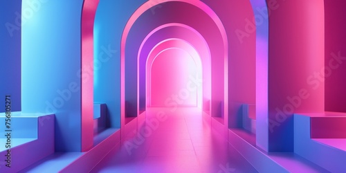A long, narrow hallway with pink and blue walls - stock background.