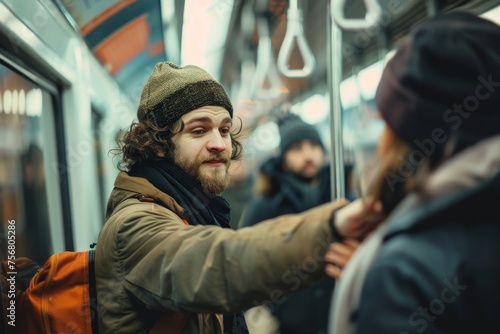 An urban commuter with a beard is casually holding a hanging strap on a subway train