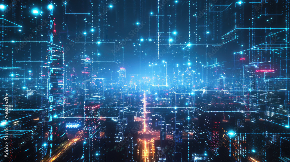 Pattern of smart city at night, abstract blue background with network digital lines and modern buildings. Theme of connect, iot, future, energy, technology Pattern of smart city at night, abstract blue background with network digital lines and modern buildings. Theme of connect, iot, future, energy, technology
