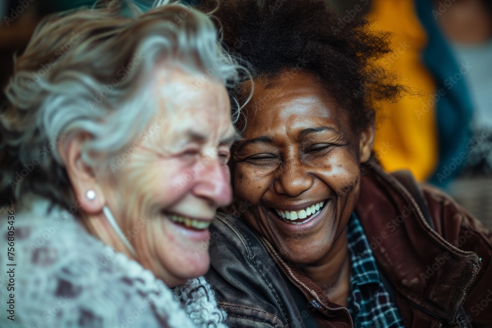 Two elderly women laughing together, showcasing a warm and sincere friendship