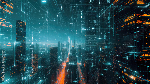 Smart city at night, abstract tech background with network digital lines and modern buildings. Theme of connect, iot, future, energy, cyber technology