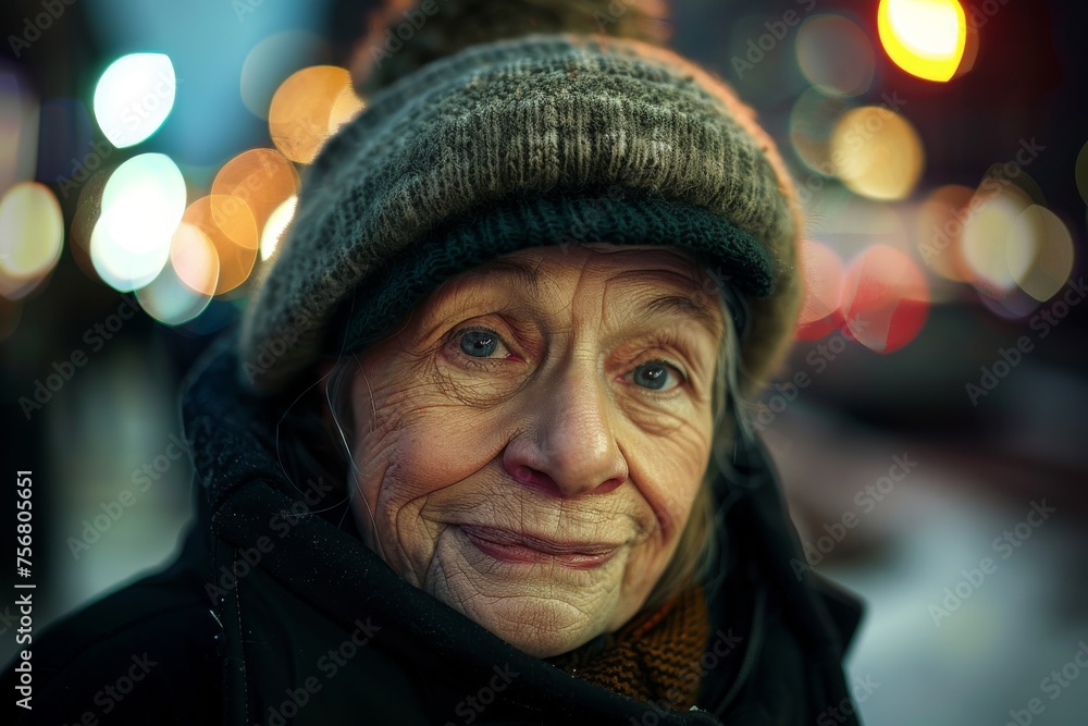 Elderly woman with a knitted hat and warm coat, portrait at night with city lights Elderly woman with a knitted hat and warm coat, portrait at night with city lights