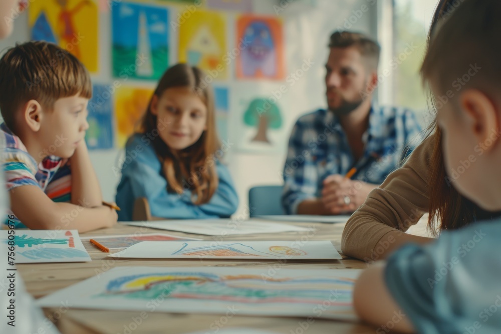 Fototapeta premium Shot focused on artwork with children and teacher blurred in the background in classroom