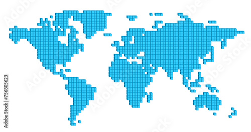 Blue color dotted world map low resolution three-dimensional cubes vector illustration