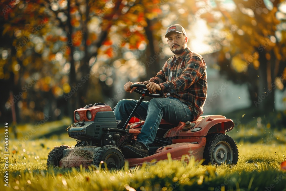 Man sitting on a riding lawn mower in a beautiful autumn garden