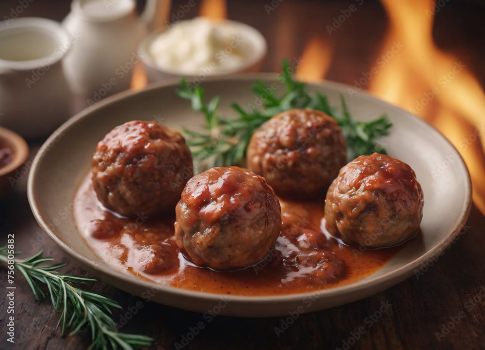 meatballs with melted tomato sauce on a plate with a blury background meatballs with melted tomato sauce on a plate with a blury background