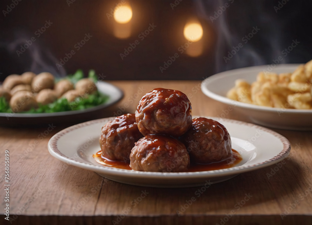 meatballs with melted tomato sauce on a plate with a blury background meatballs with melted tomato sauce on a plate with a blury background