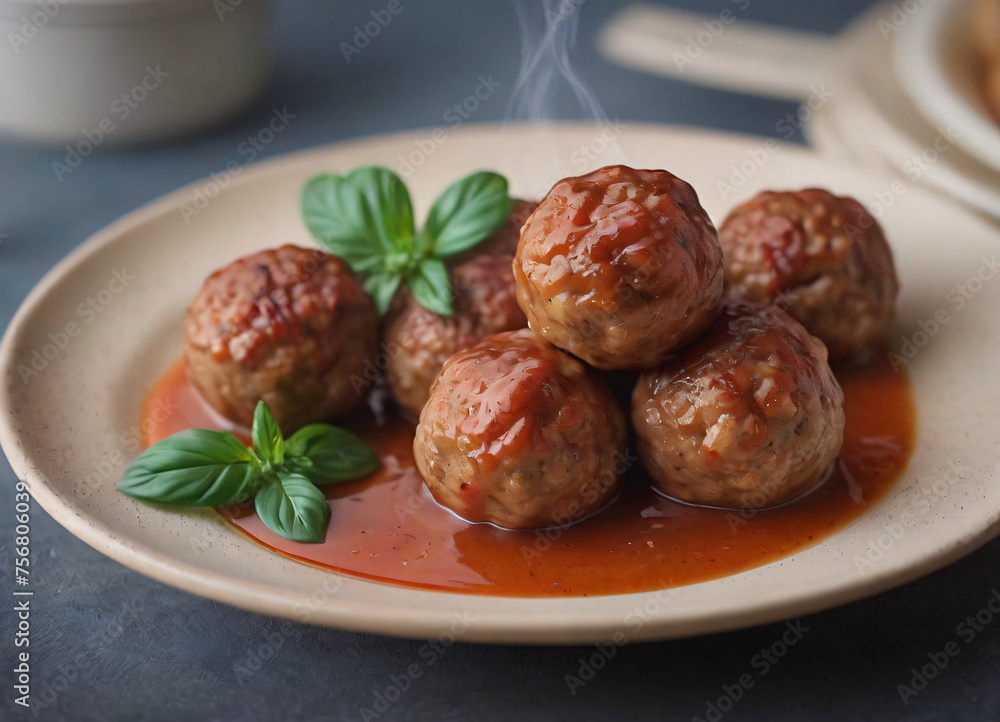 meatballs with melted tomato sauce on a plate with a blury background meatballs with melted tomato sauce on a plate with a blury background