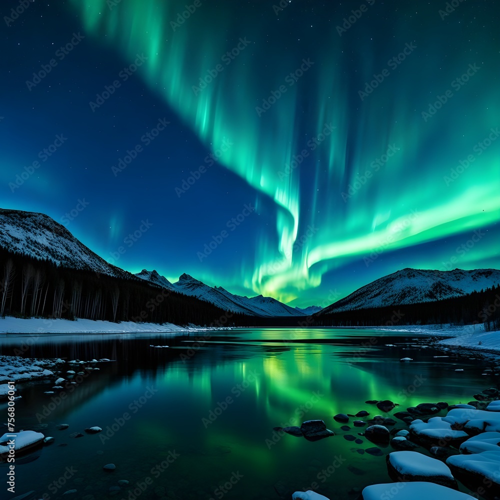 view of a lake with northern lights in the sky