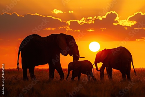 Family Of Elephants Against An African Sunset