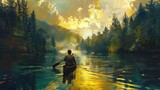 painting a man paddling a canoe down a river. Travel and adventure lifestyle with outdoor