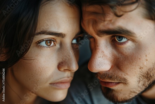 Man and woman staring into each other's eyes with intensity and emotion