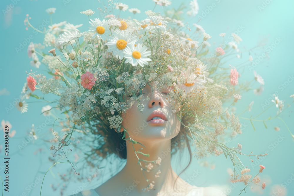 Ethereal Beauty: Woman Adorned with a Whimsical Crown of Spring Flowers