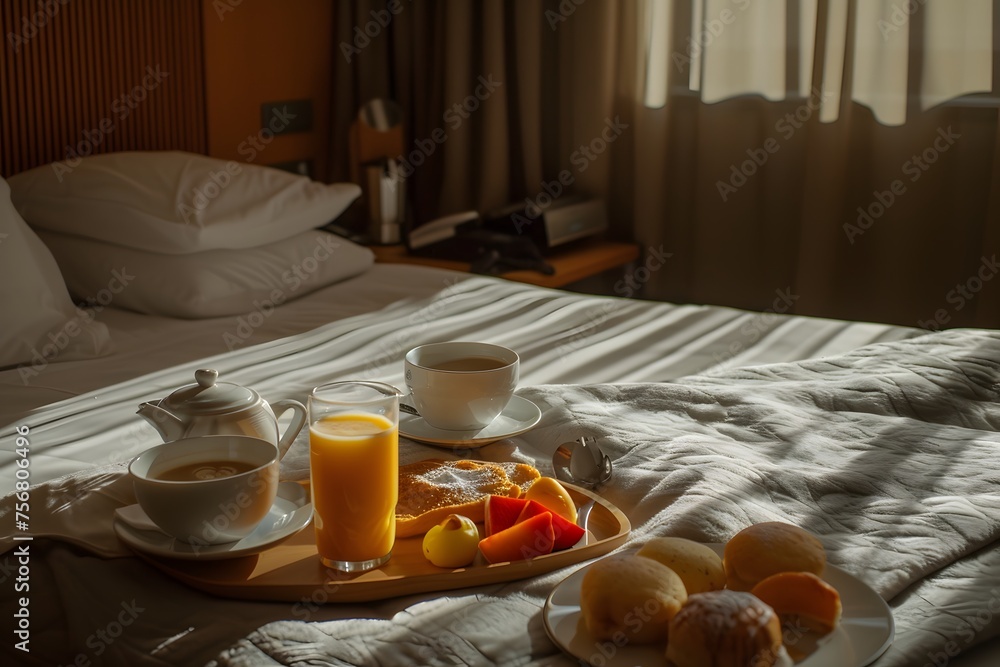 A tray of breakfast food on a bed A tray of breakfast food on a bed