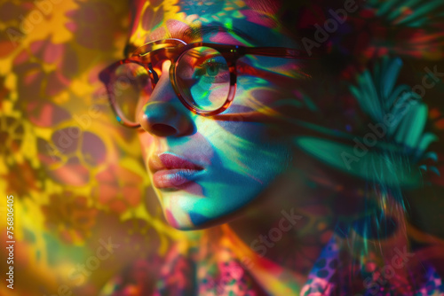 Chromatic Vision: A Woman's Profile Adorned with a Vivid Tapestry of Light and Shadows