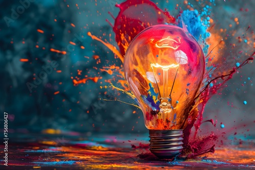 A colorful light bulb with a splash of paint on it photo