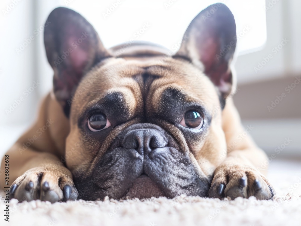 Adorable French Bulldog with melancholic eyes resting on the floor, evoking companionship