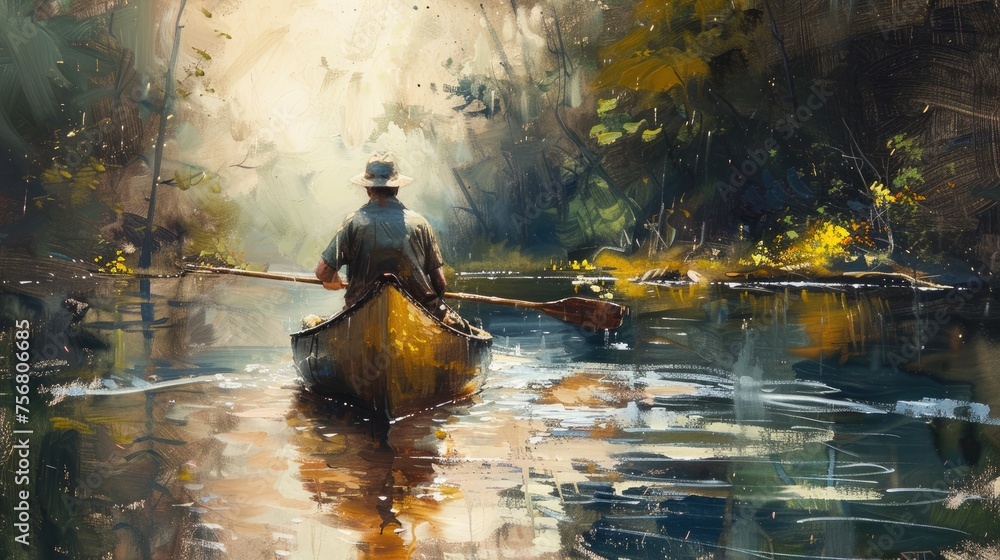 painting a man paddling a canoe down a river. Travel and adventure lifestyle with outdoor - obrazy, fototapety, plakaty 