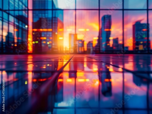 Urban cityscape reflection on a glossy surface during sunset  conveying the dynamism and energy of city life