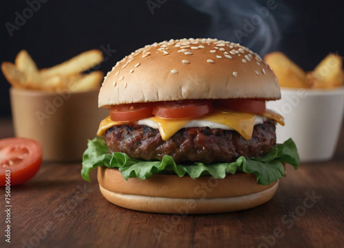 Delicious fresh cheeseburger with fire grey background. Fresh american cook style.