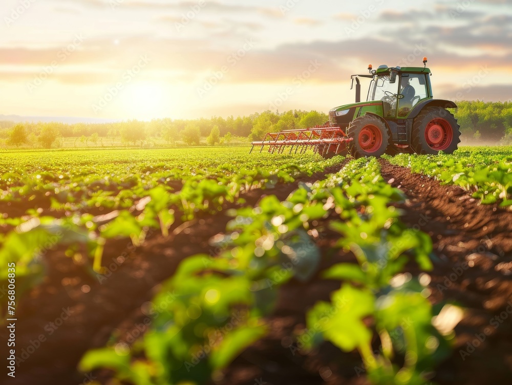 An image showcasing agriculture, featuring a modern tractor plowing a field with young crops during golden hour An image showcasing agriculture, featuring a modern tractor plowing a field with young crops during golden hour