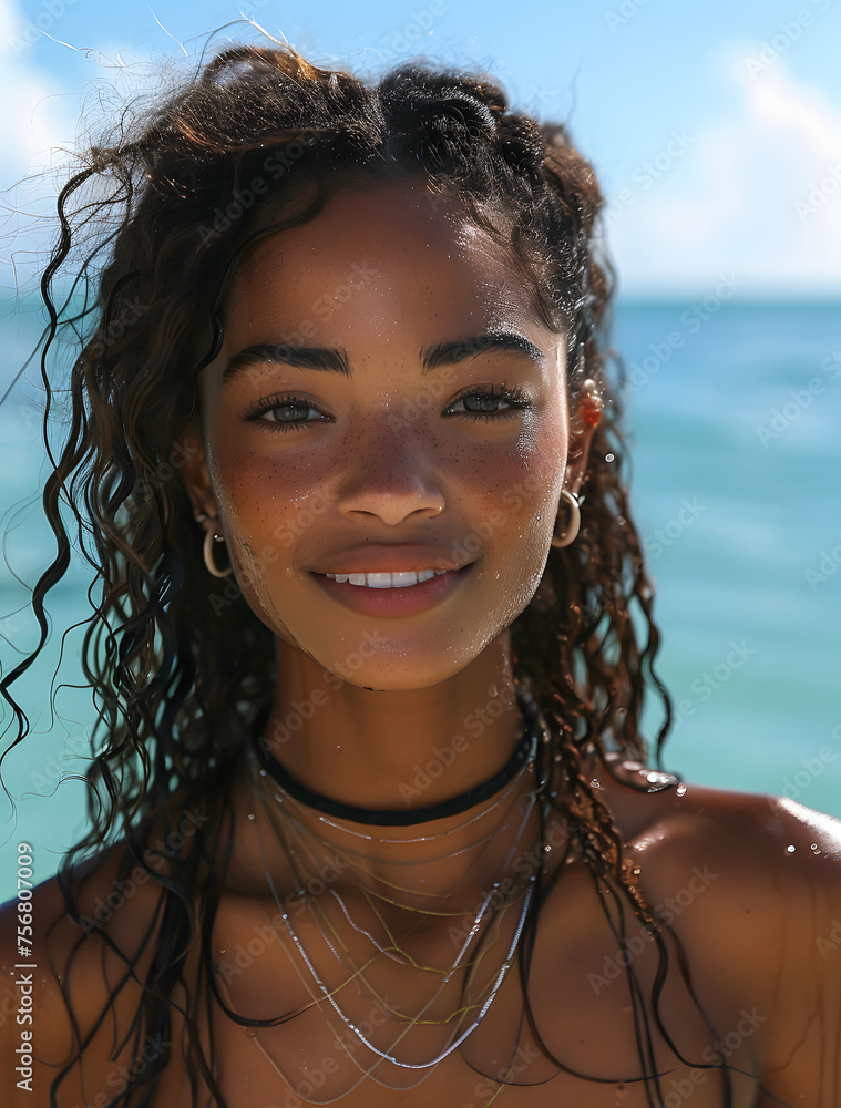 African American young woman with medium long hair smiling standing in the ocean